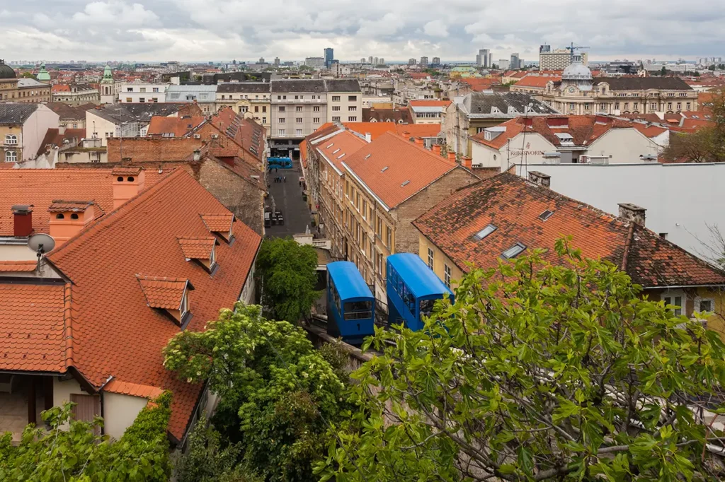 Zagreb funicular railway and historic rooftops of Upper Town in Croatia