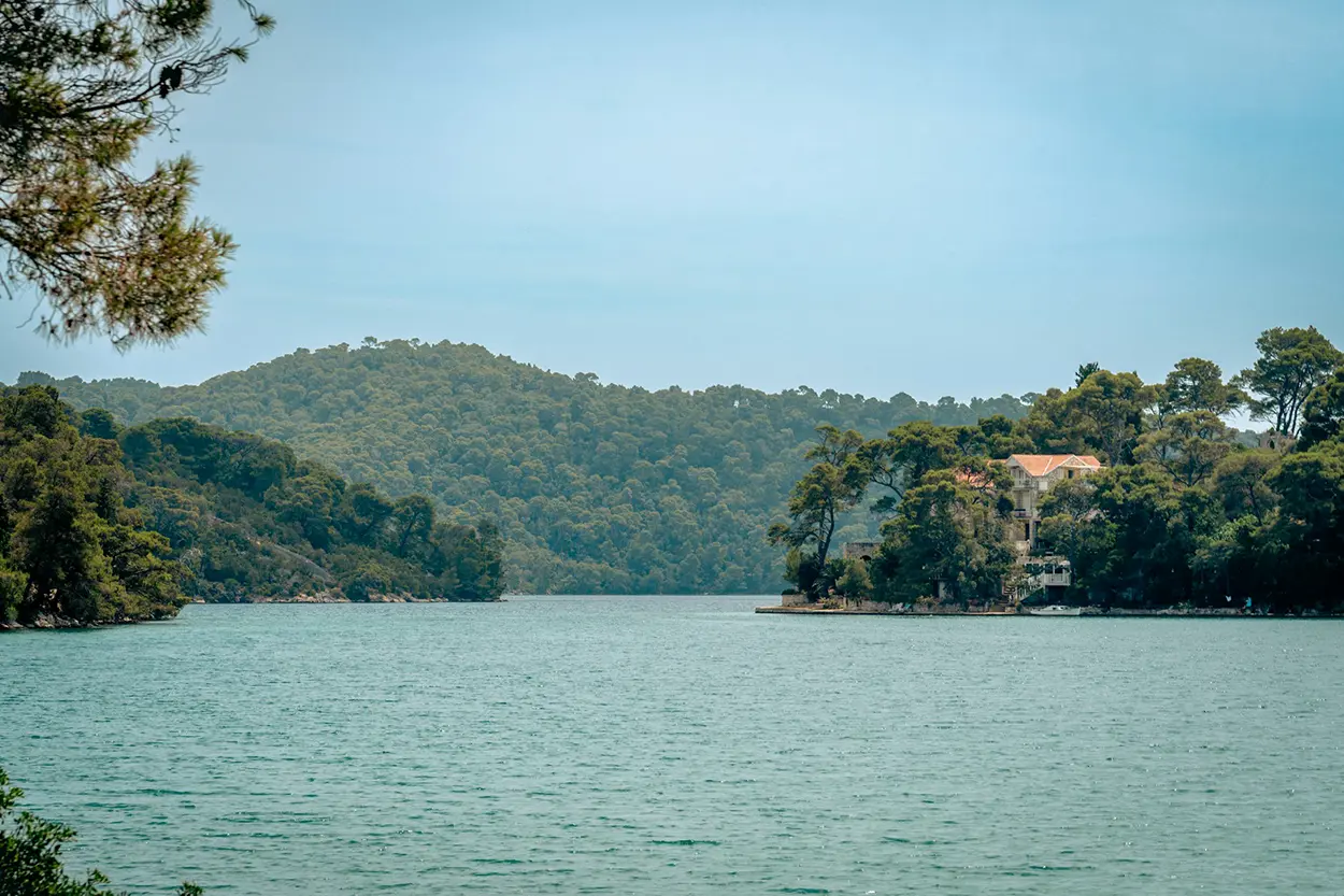 Saltwater lake with monastery island in Mljet National Park, Croatia